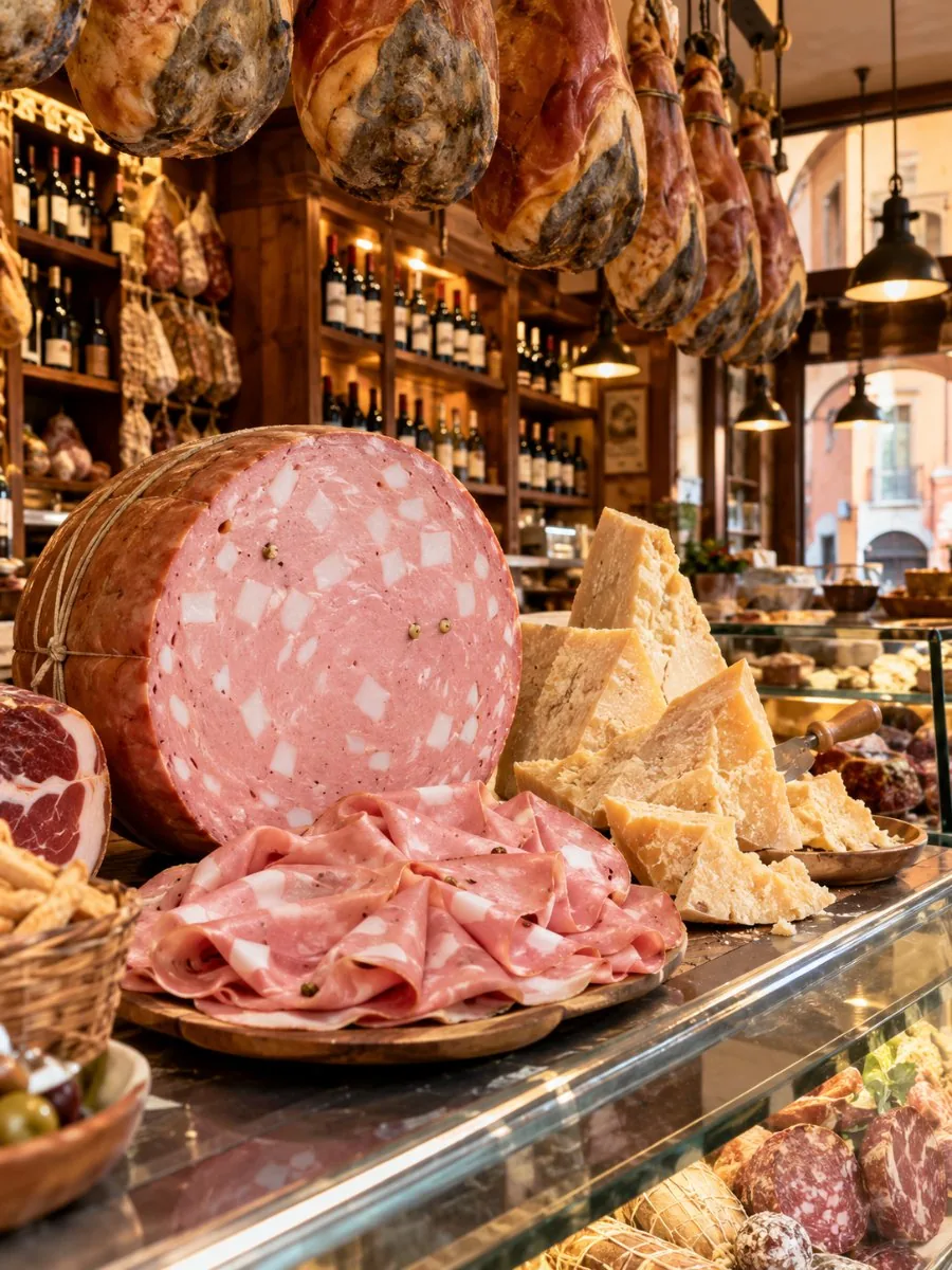 A deli counter in Bologna with a whole mortadella, Parmigiano wedges and hanging hams
