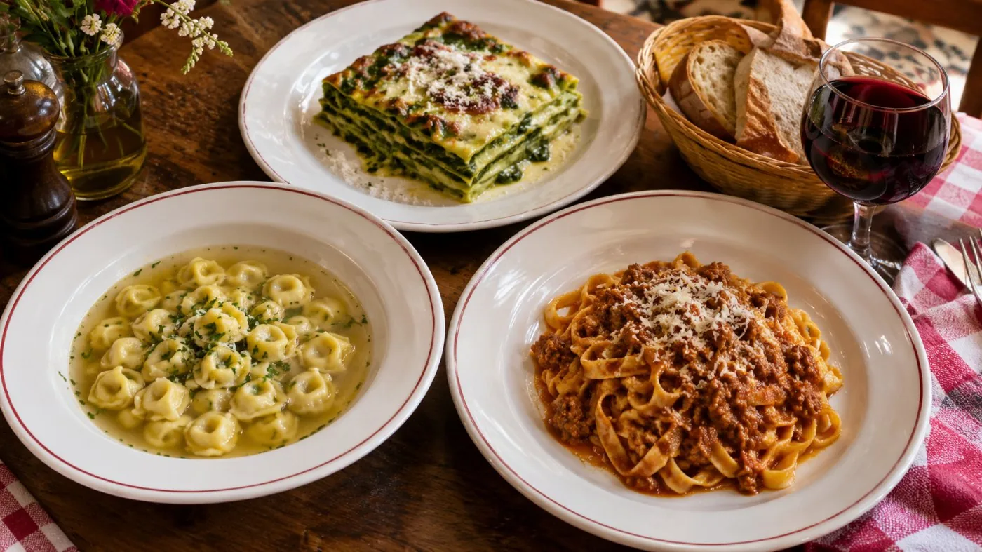 A trattoria table in Bologna with tortellini in brodo, tagliatelle al ragu and green lasagne