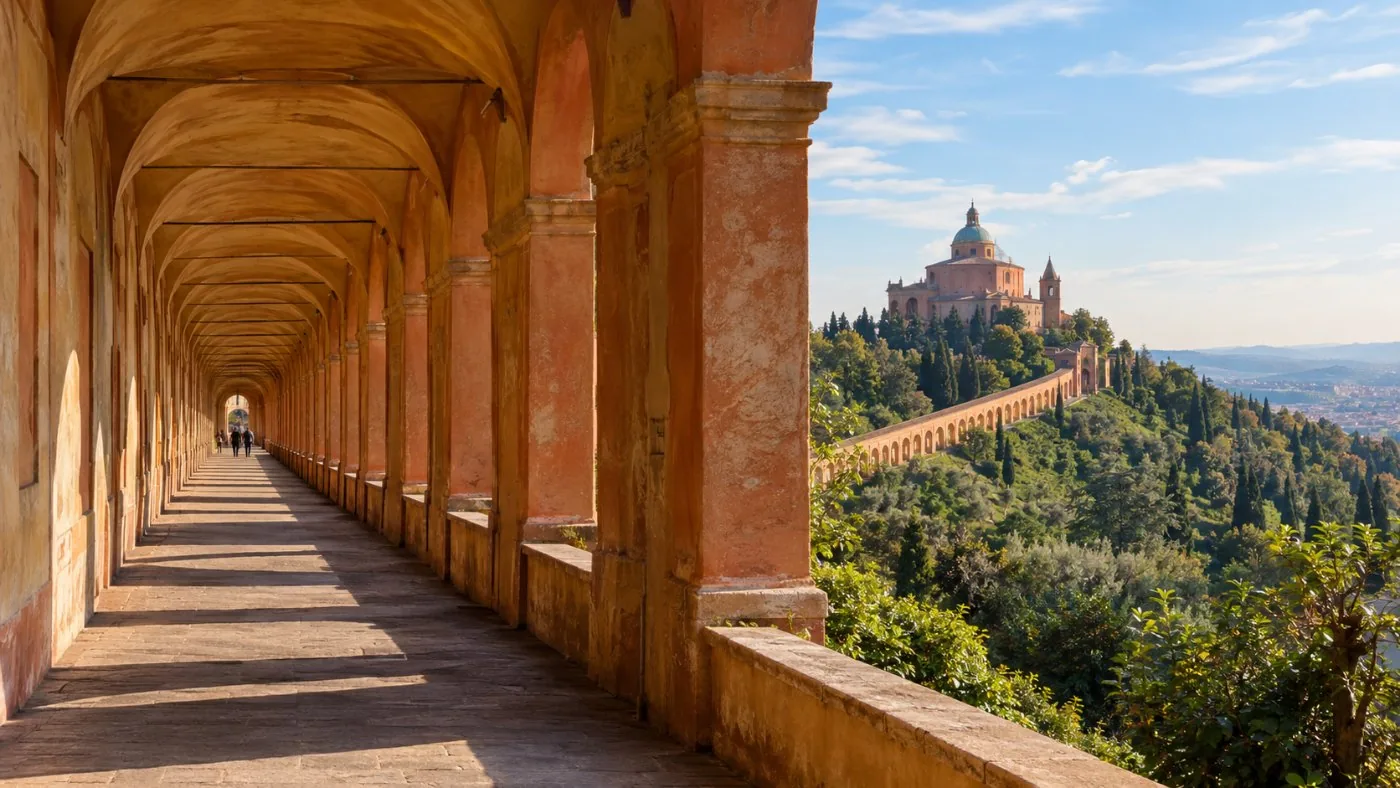 A long arched portico climbing a hill toward a sanctuary