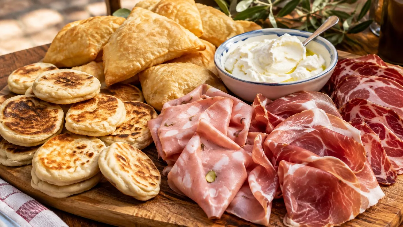 Tigelle and crescentine on a board with salumi and squacquerone cheese