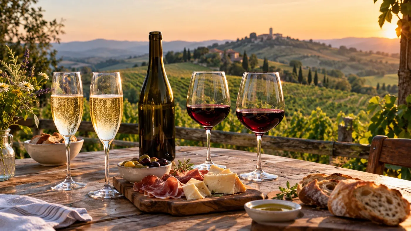 Glasses of Pignoletto and red wine at a tasting table in a Colli Bolognesi winery
